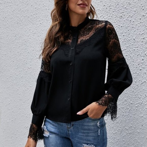 Black Contrast Eyelash Lace Flounce Sleeve Blouse - Picture 6 of 8